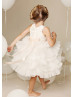 Ivory Lace Tulle Tiered Flower Girl Dress With Blush Pink Sash